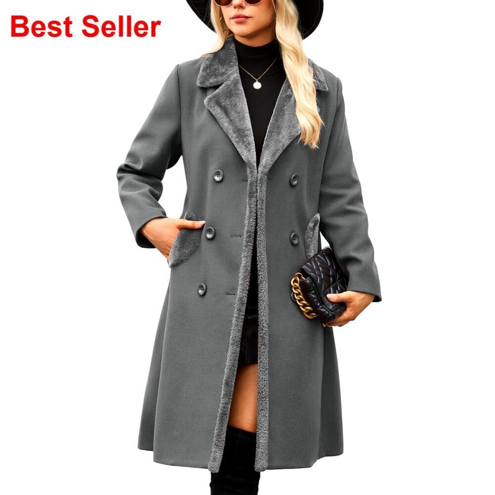 Double-Breasted Slim Fit Faux Fur Lapel Dress Coat, Warm Long Jacket